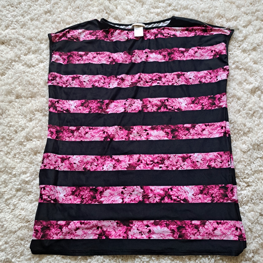 Michael Kors Pink Floral Striped Sleeveless Blouse Gold Shoulder Zip Top